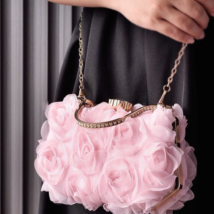 Rose Flower Evening Clutch | Bridal Wedding Bag with Metal Handle(MAC357)
