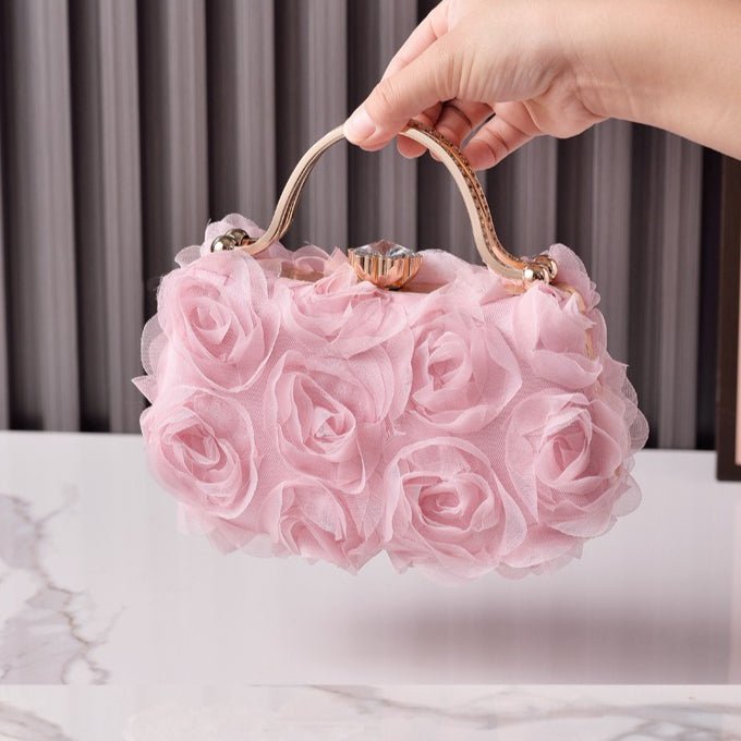 Rose Flower Evening Clutch | Bridal Wedding Bag with Metal Handle(MAC357)