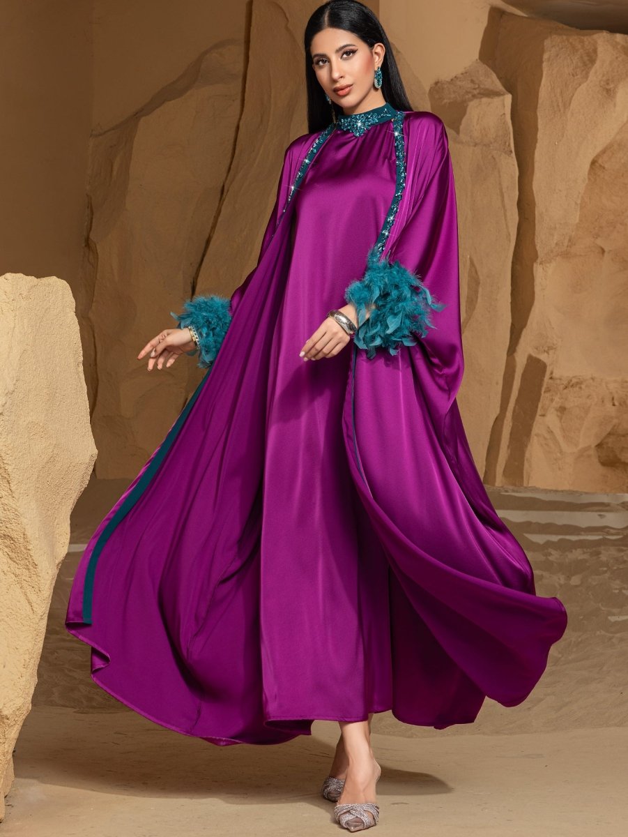 Rose Purple Luxury Feather-Embellished Abaya Dress Two-Piece Set with Crystal & Bead Details (MOA159)