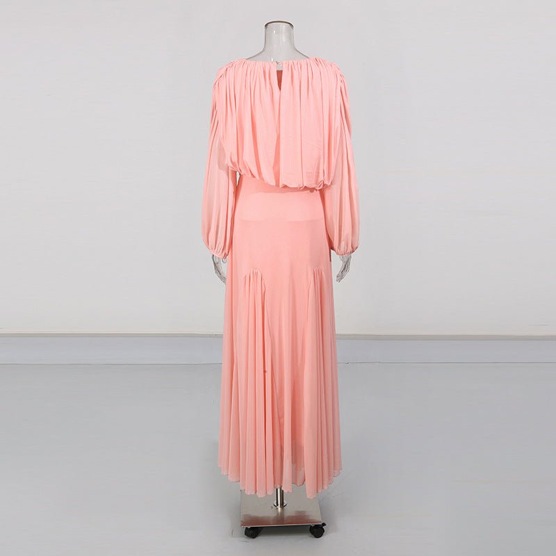 Round Neck Ruched Bodice Lantern Sleeve Floor-Length Dress(MS402)