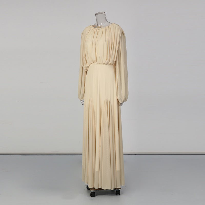 Round Neck Ruched Bodice Lantern Sleeve Floor-Length Dress(MS402)