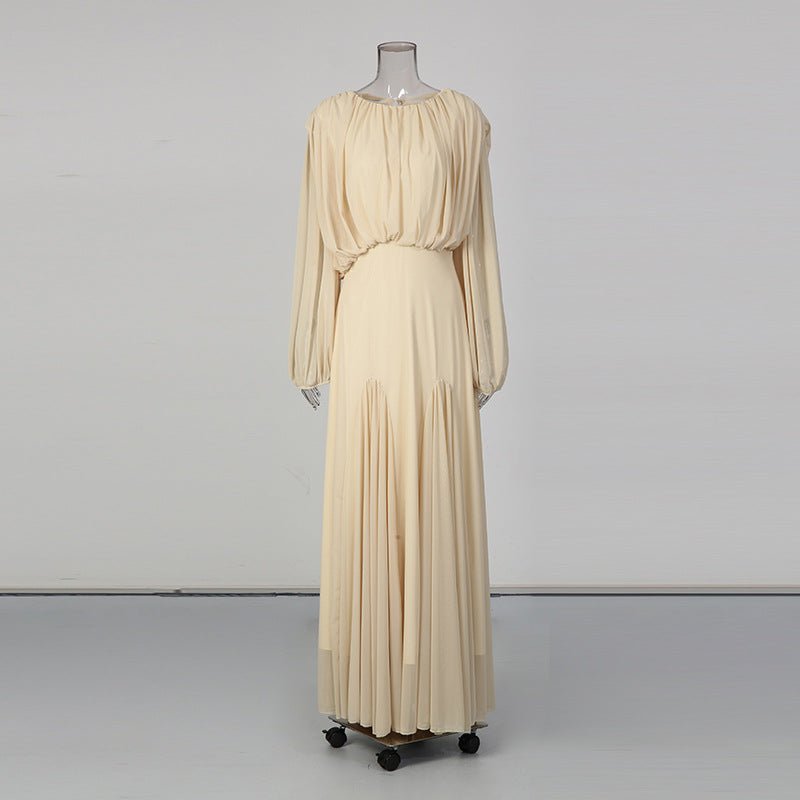 Round Neck Ruched Bodice Lantern Sleeve Floor-Length Dress(MS402)