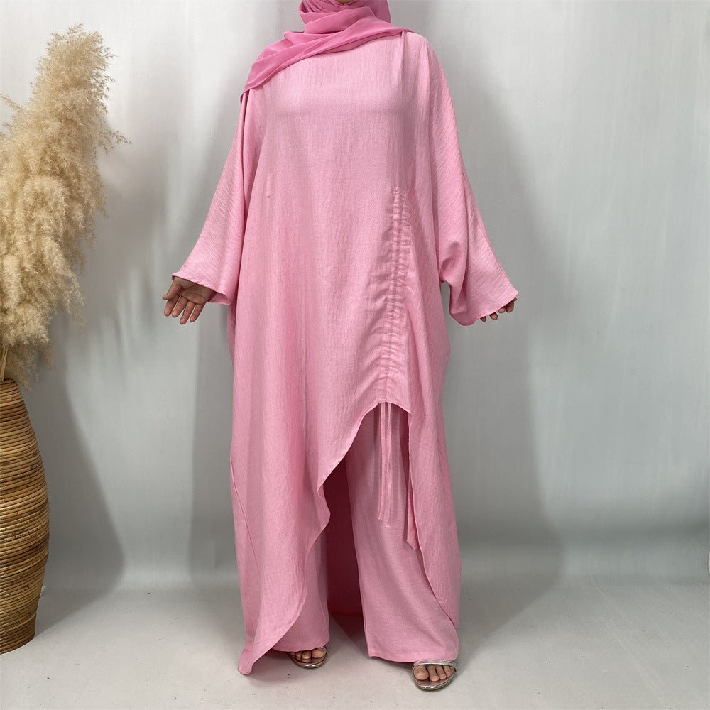 Ruched Drawstring Batwing Top & Wide-Leg Trousers Co-ord Set(MS478)