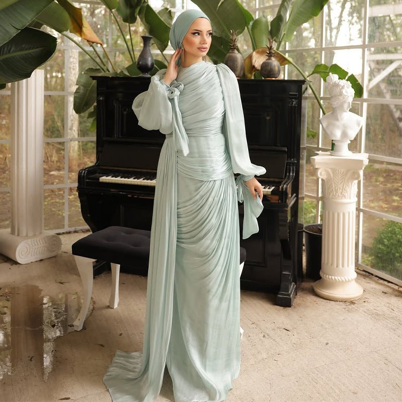 Ruched Evening Dress | Puff Sleeve Bodycon Maxi Dress(MS280)