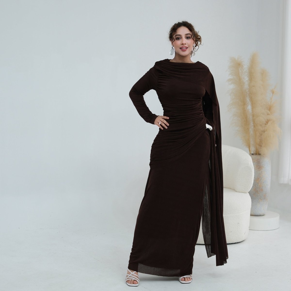 Ruched Maxi Dress with Cape(MS434)