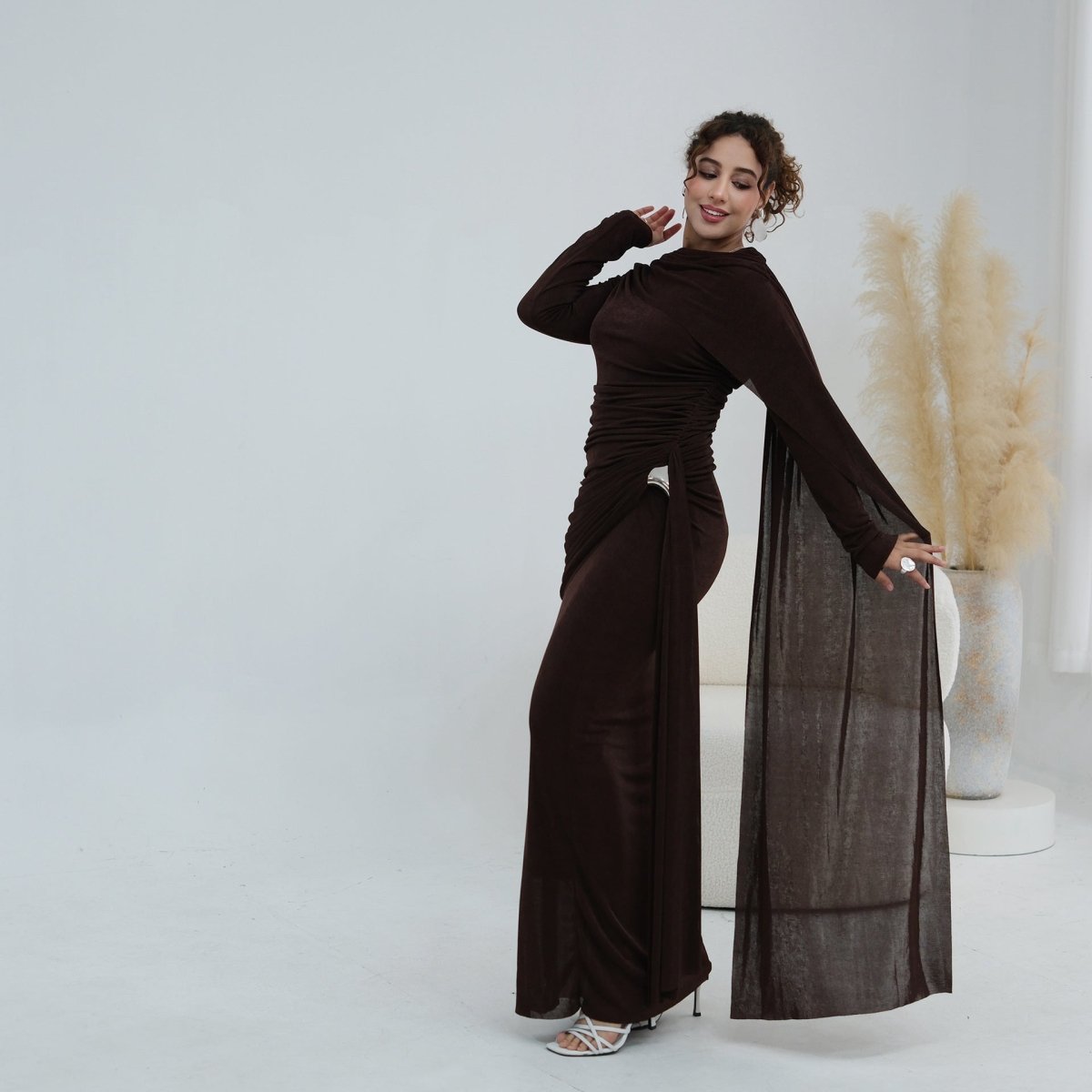 Ruched Maxi Dress with Cape(MS434)