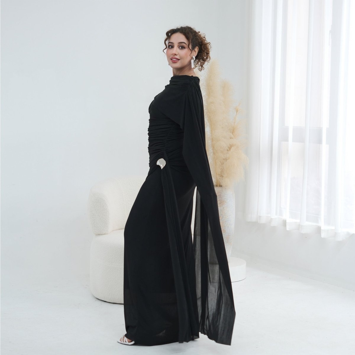 Ruched Maxi Dress with Cape(MS434)
