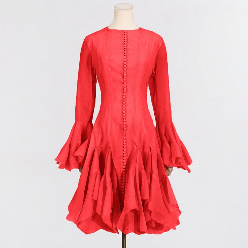 Ruffle Hem Dress with Sheer Sleeves(MS304)