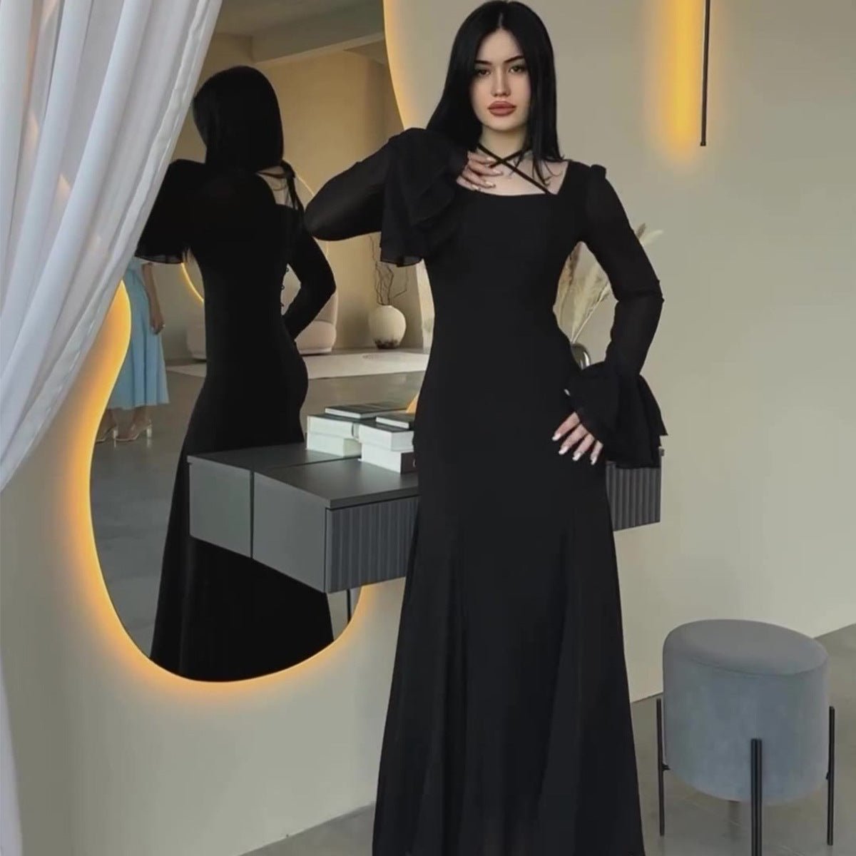 Ruffle Sleeve Dress with Crisscross Neckline(MS335)