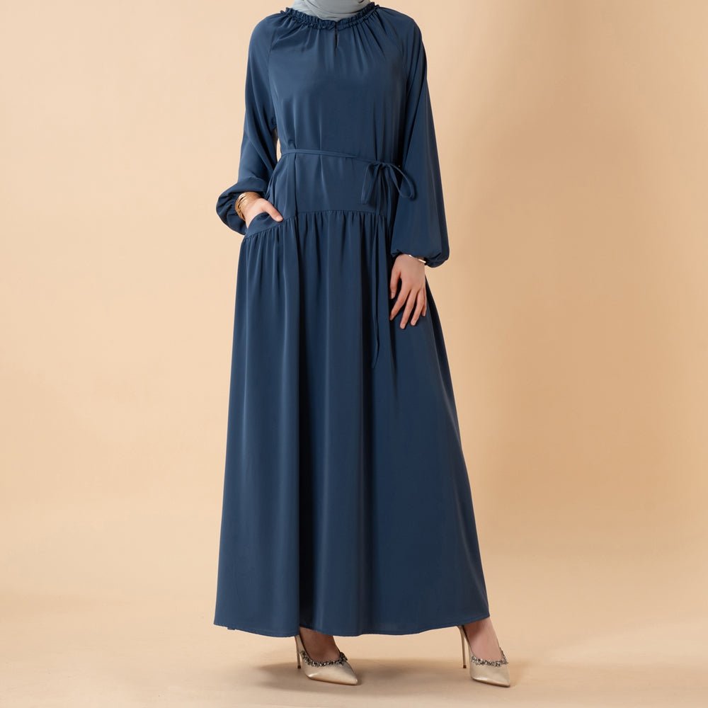 Ruffle Trim Pleated Relaxed Maxi Dress with Waist Tie(MA424)