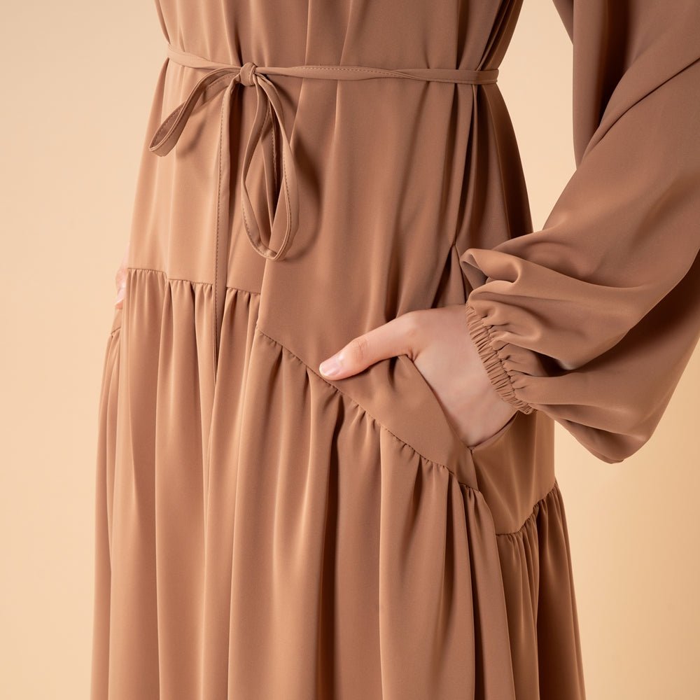 Ruffle Trim Pleated Relaxed Maxi Dress with Waist Tie(MA424)