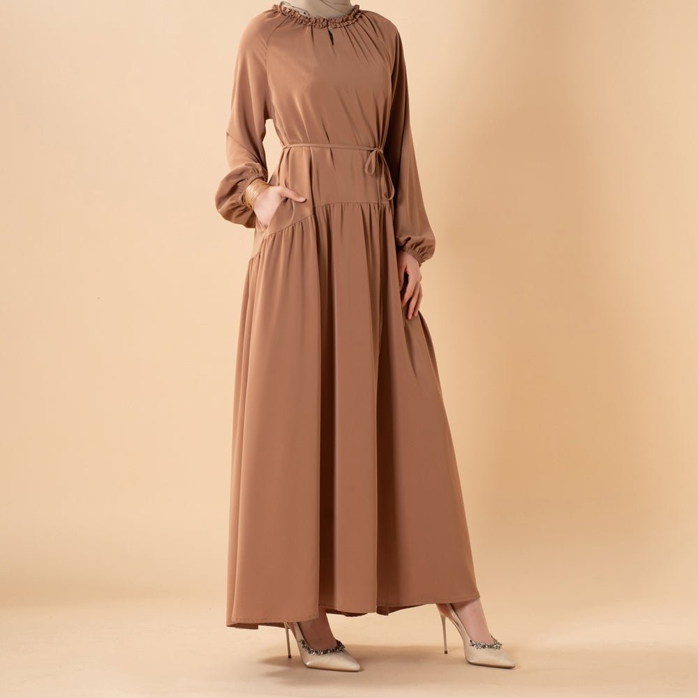 Ruffle Trim Pleated Relaxed Maxi Dress with Waist Tie(MA424)