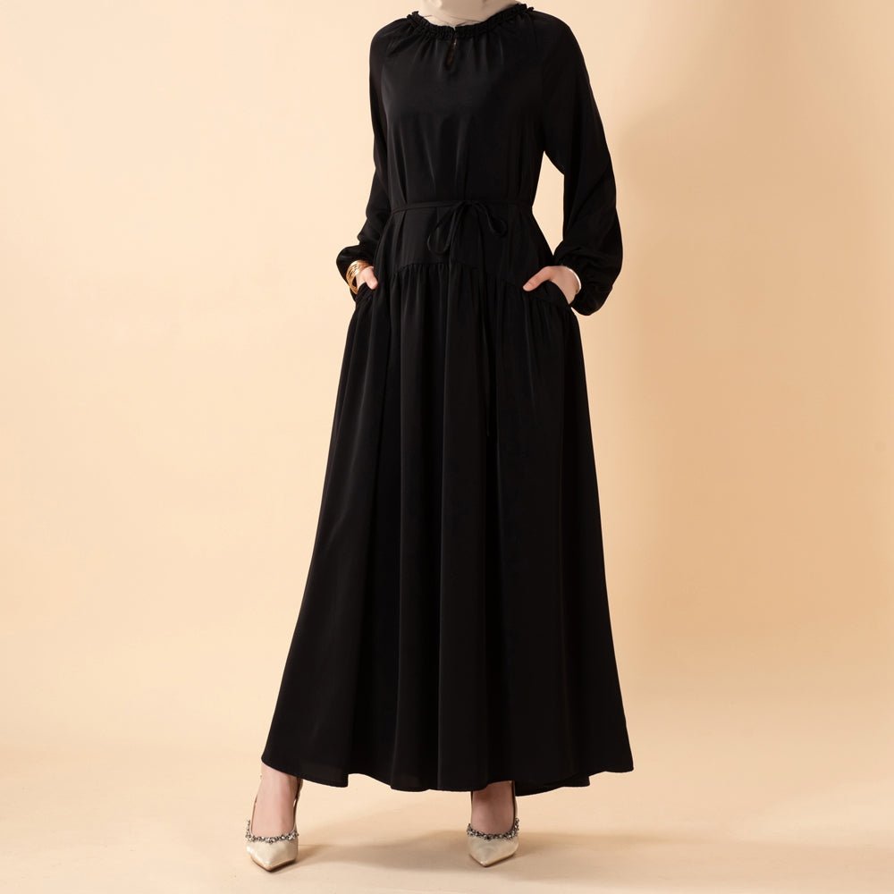 Ruffle Trim Pleated Relaxed Maxi Dress with Waist Tie(MA424)