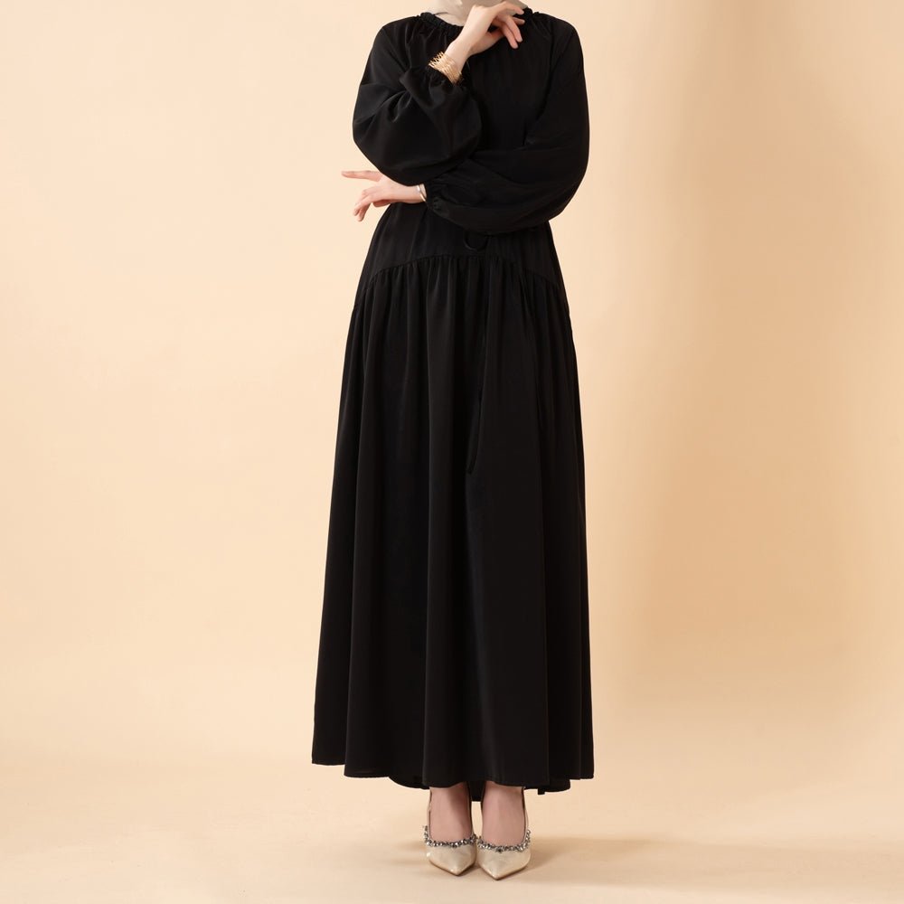 Ruffle Trim Pleated Relaxed Maxi Dress with Waist Tie(MA424)