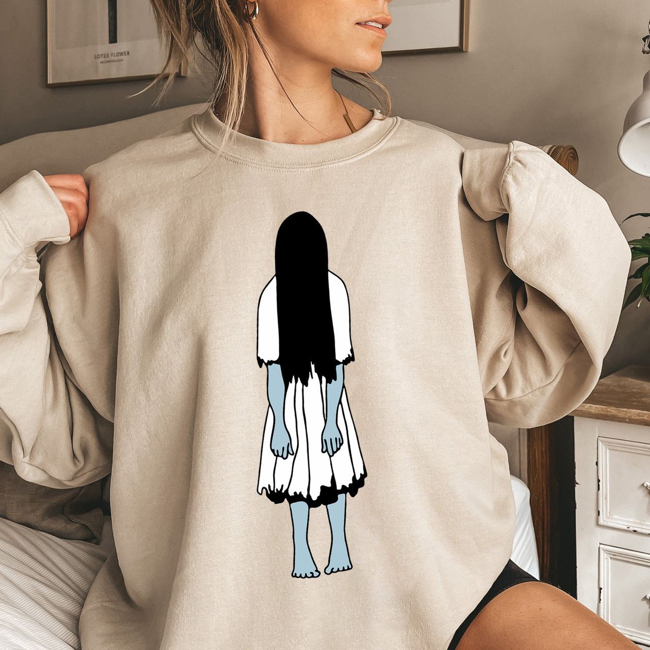 Samara Vintage Halloween Haunted Portrait Print Ultra Cozy Cotton Blend Sweatshirt