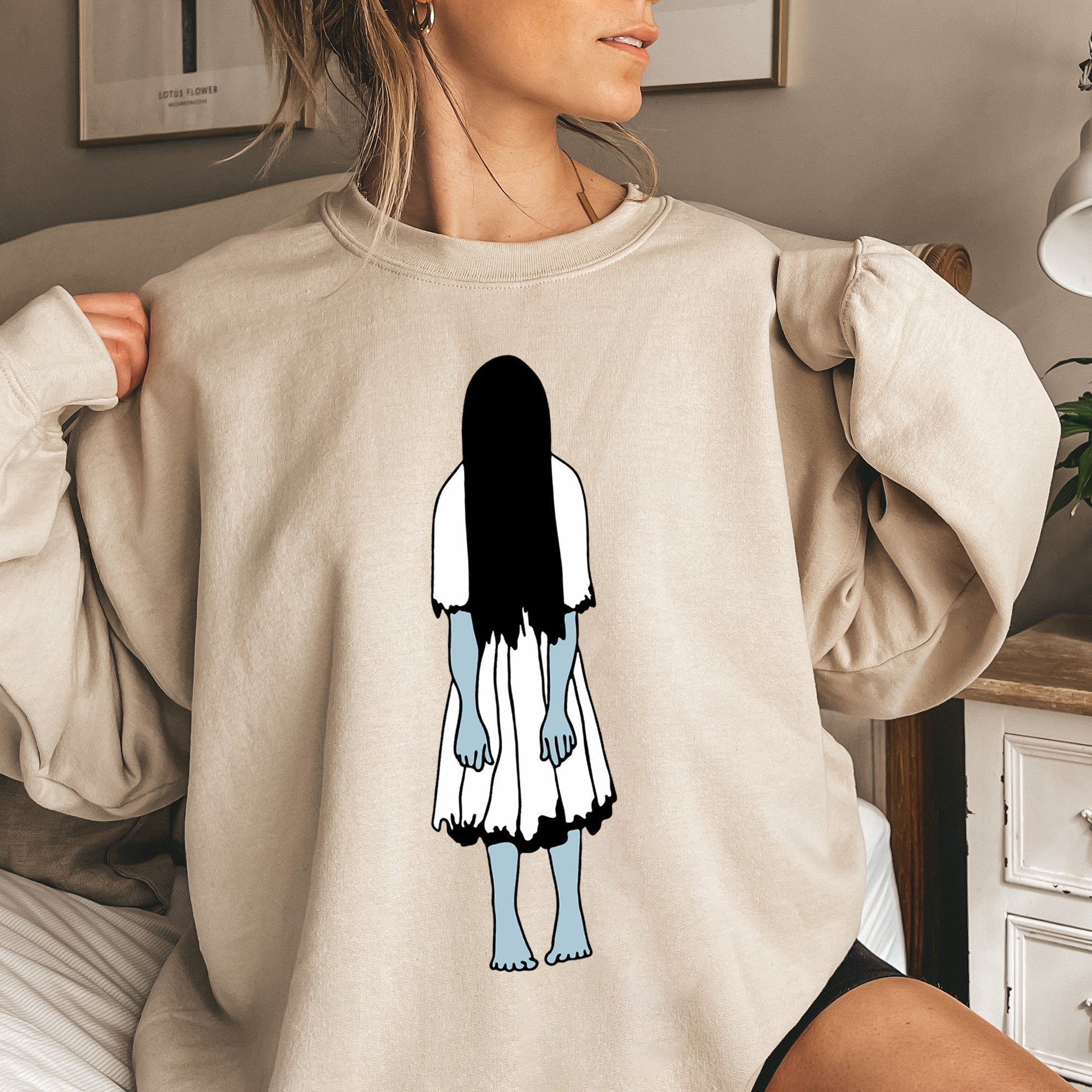 Samara Vintage Halloween Haunted Portrait Print Ultra Cozy Cotton Blend Sweatshirt