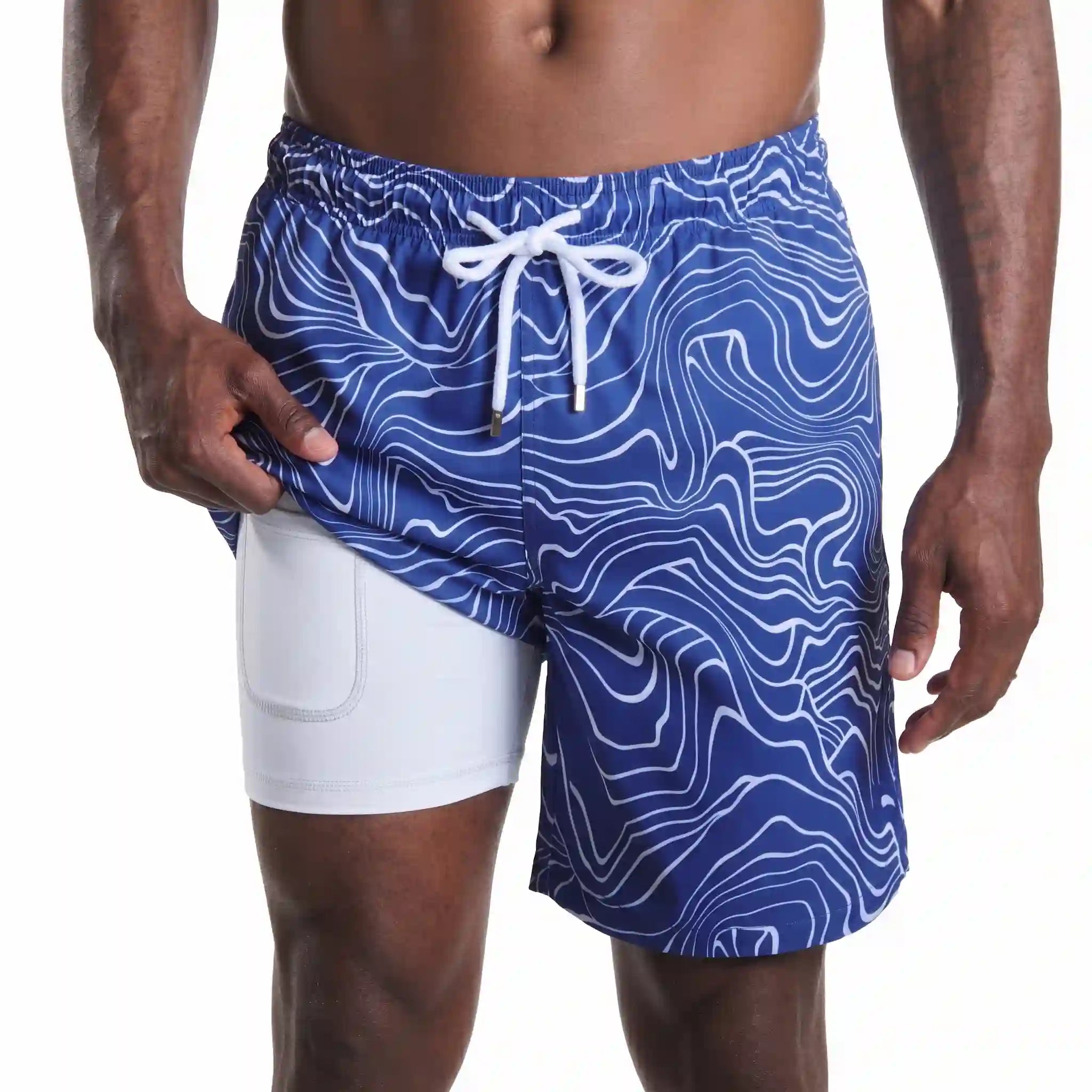 Men’s Premium Compression-Lined Hybrid Shorts – Sand Waves-Harbor and Surf