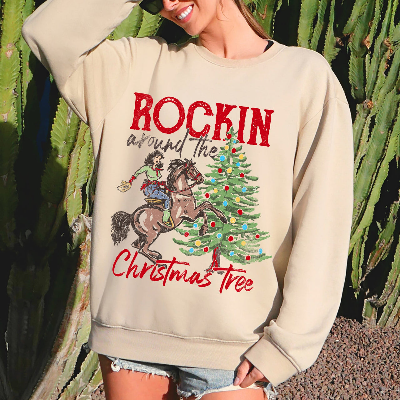 Rocking Around The Christmas Tree, Cowgirl Holiday Classic Western Style Festive Sweatshirt