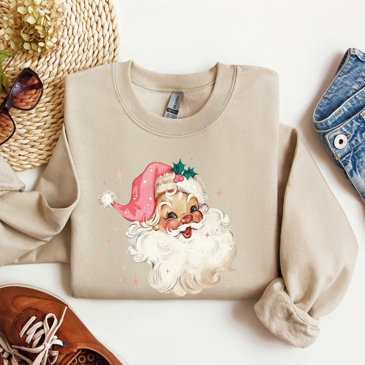 Retro Santa Vintage Classic Christmas Star Motif Warm Cozy Holiday Spirit Sweatshirt