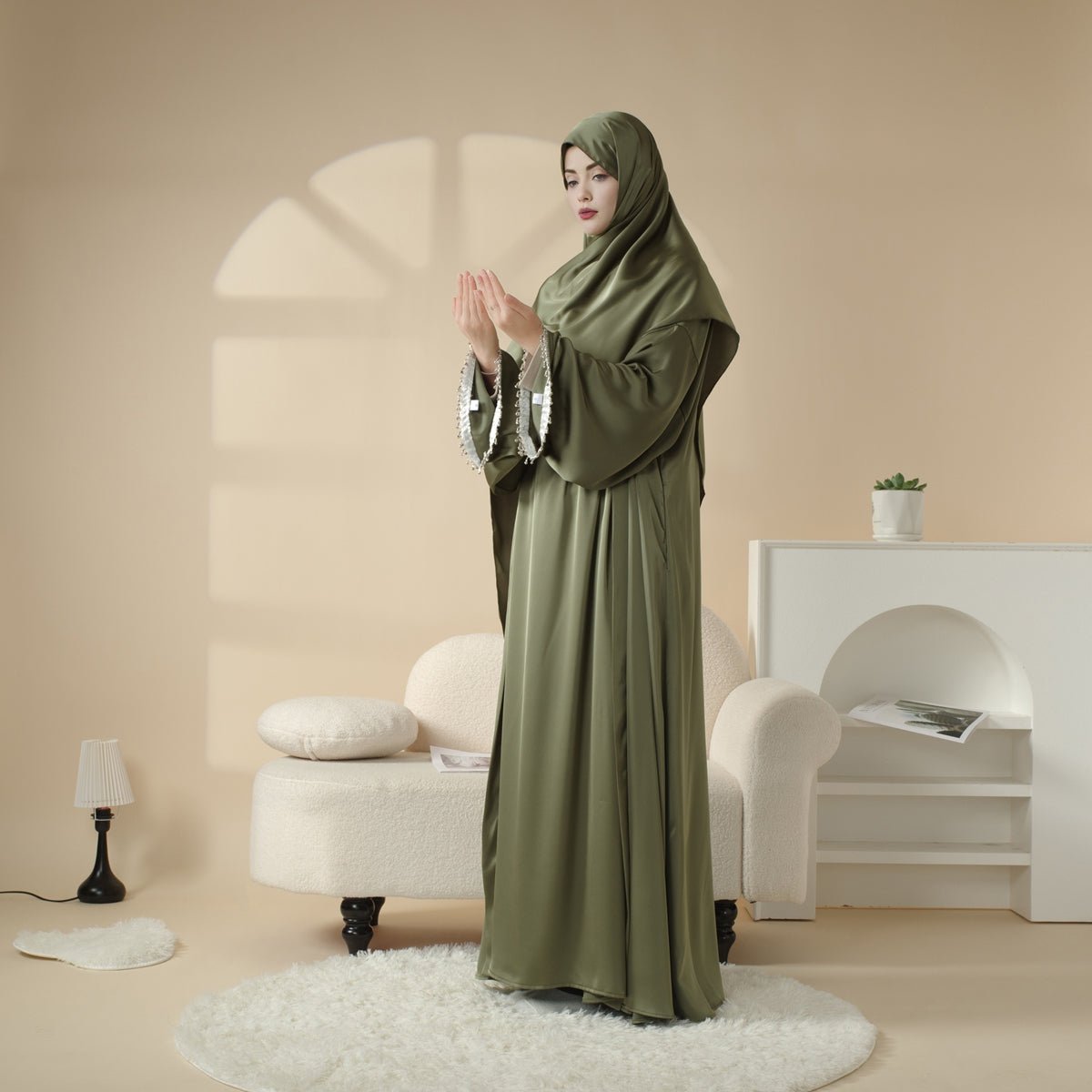Satin Abaya With Matching Belt Made Of Diamond Tassel (MOA010)