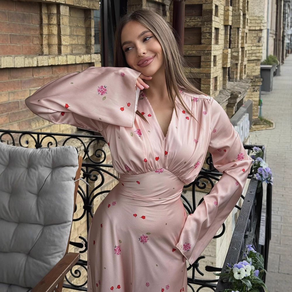 Satin Floral Print Wrap Dress(MS377)