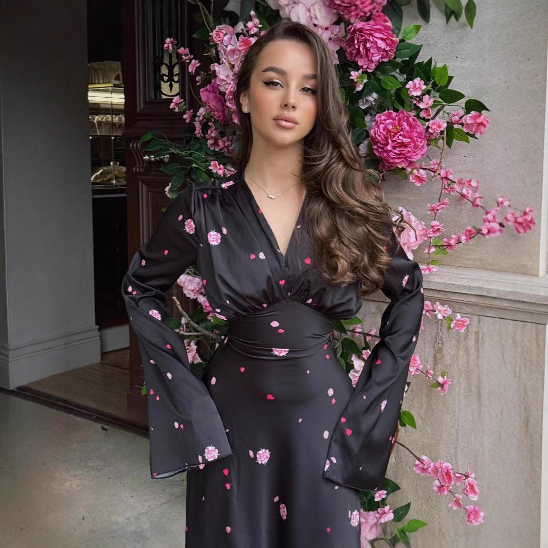 Satin Floral Print Wrap Dress(MS377)