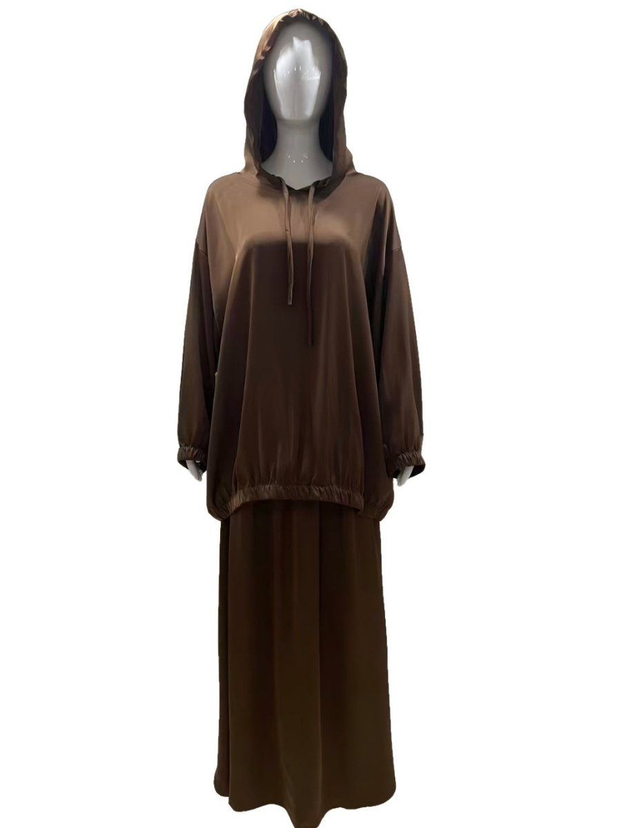 Satin Two-Piece Set with Hooded Top & Maxi Skirt(MS348)