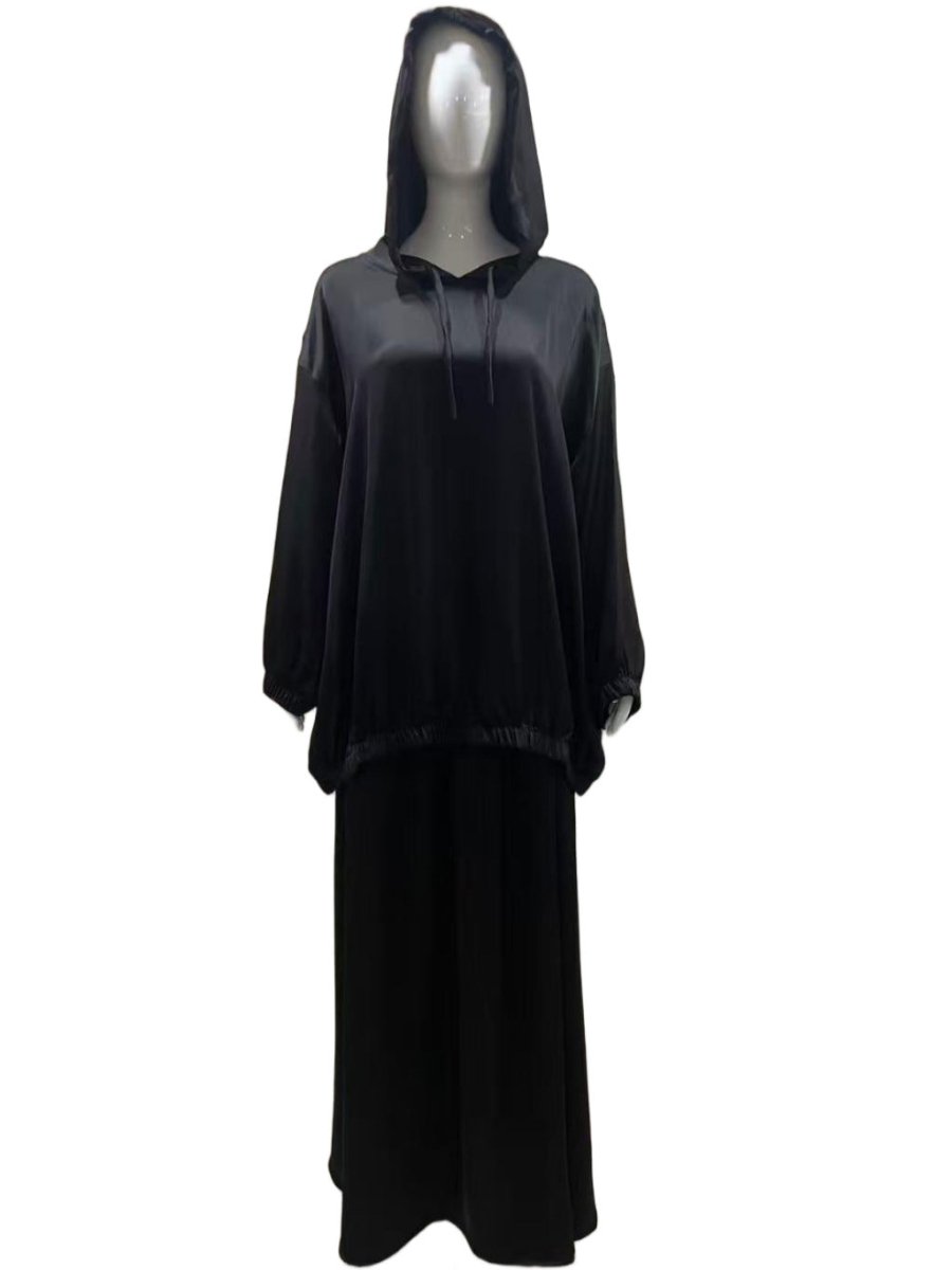 Satin Two-Piece Set with Hooded Top & Maxi Skirt(MS348)