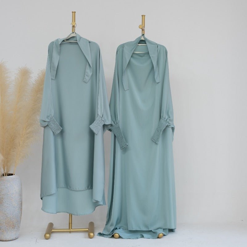Satin Velvet Mother Daughter Matching Set | Full Circle Maxi Dress with Hijab & Batwing Sleeves(MJ022)