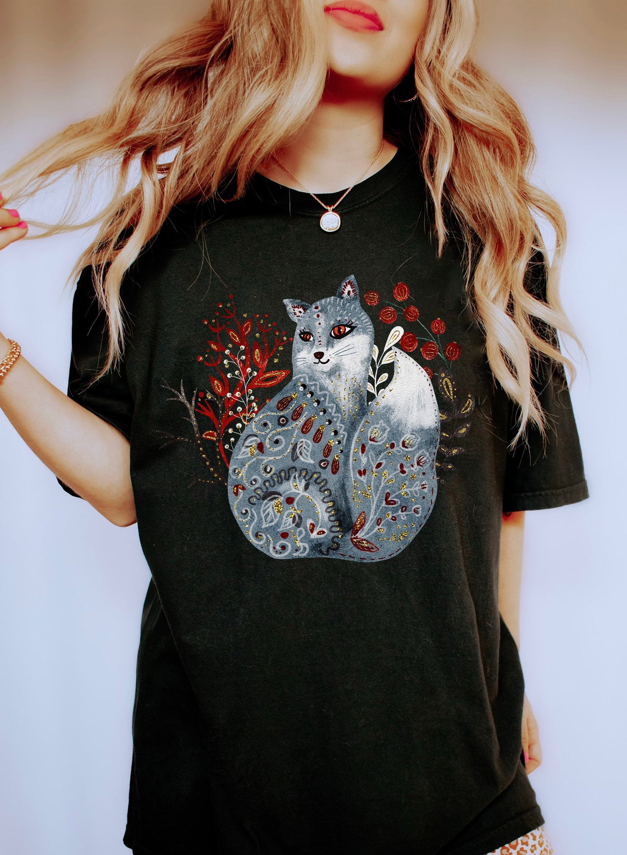 Scandinavian Fox Folk Animal Illustration in Nordic Folk Art Style Comfort Colors Tee