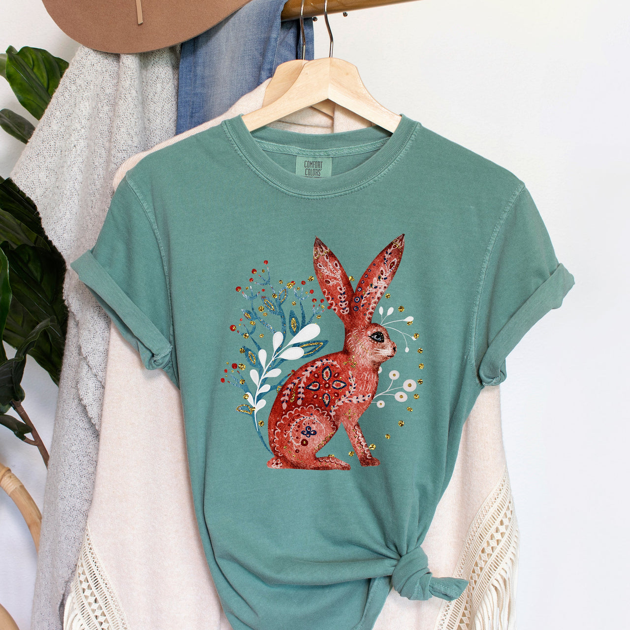 Scandinavian Folk Bunny Nordic Inspired Art Print With Cozy Whimsy And Timeless Nordic Charm Comfort Colors Tee