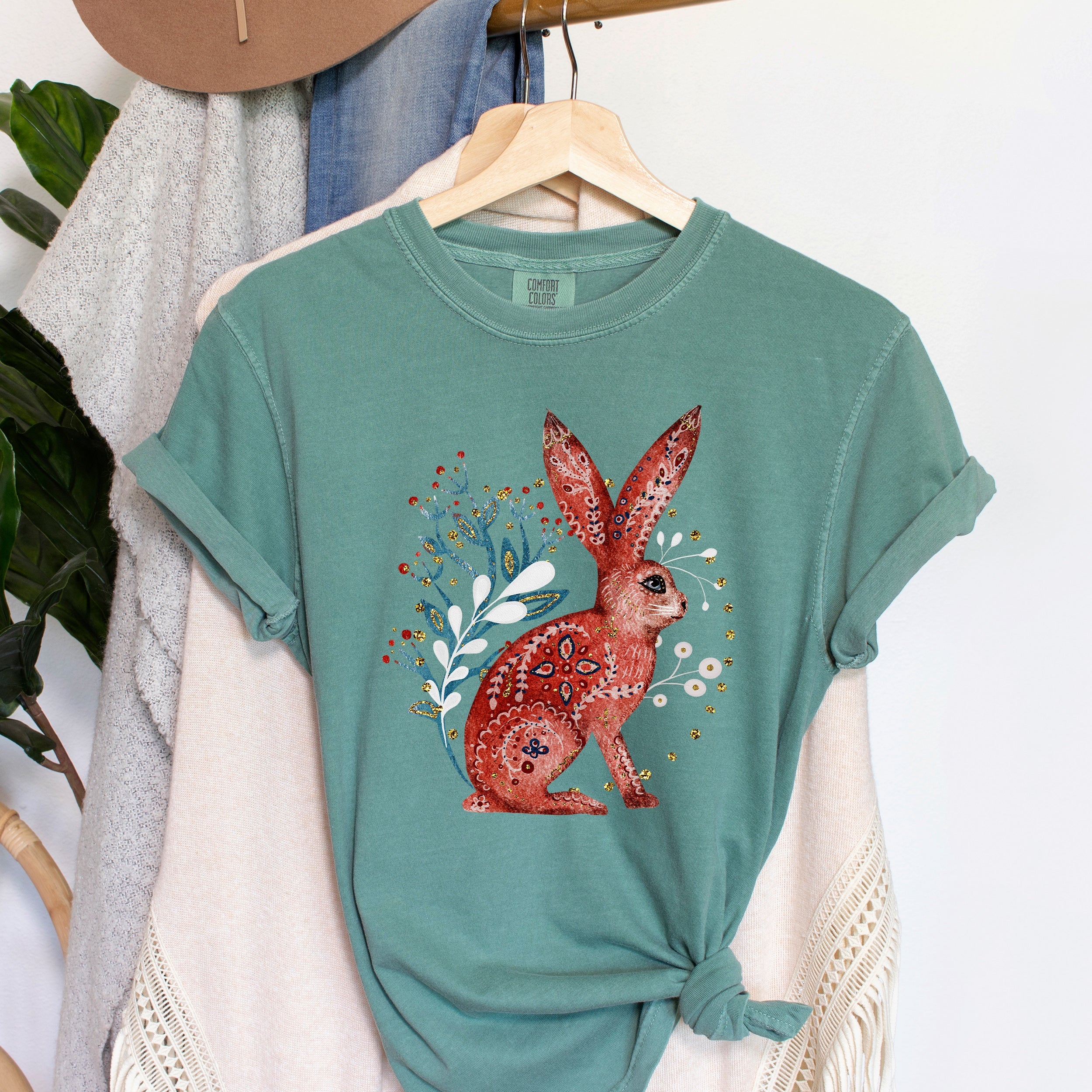 Scandinavian Folk Bunny Nordic Inspired Art Print With Cozy Whimsy And Timeless Nordic Charm Comfort Colors Tee