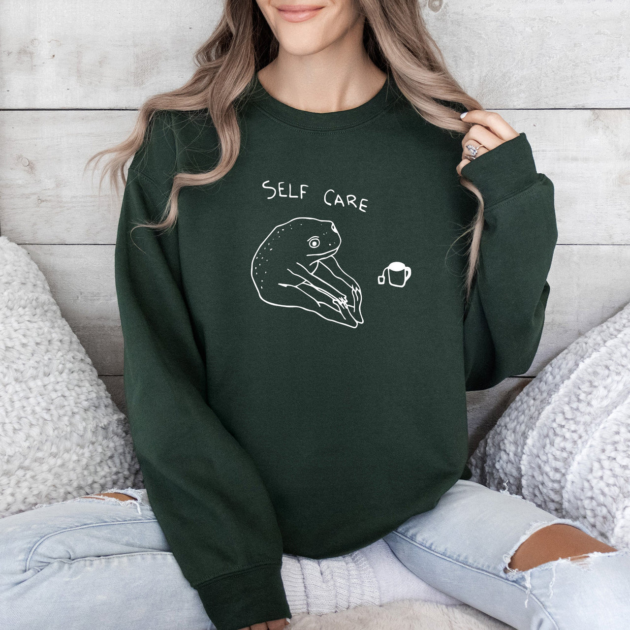Self Care Frog Positivity Kindness Mental Health Mindful Living Motto Graphic Sweatshirt
