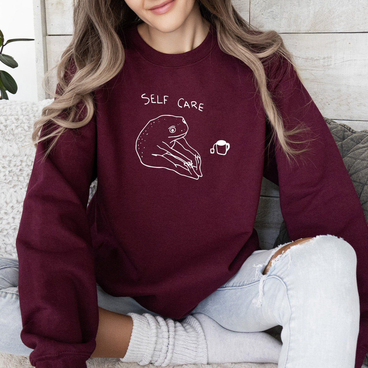 Self Care Frog Positivity Kindness Mental Health Mindful Living Motto Graphic Sweatshirt