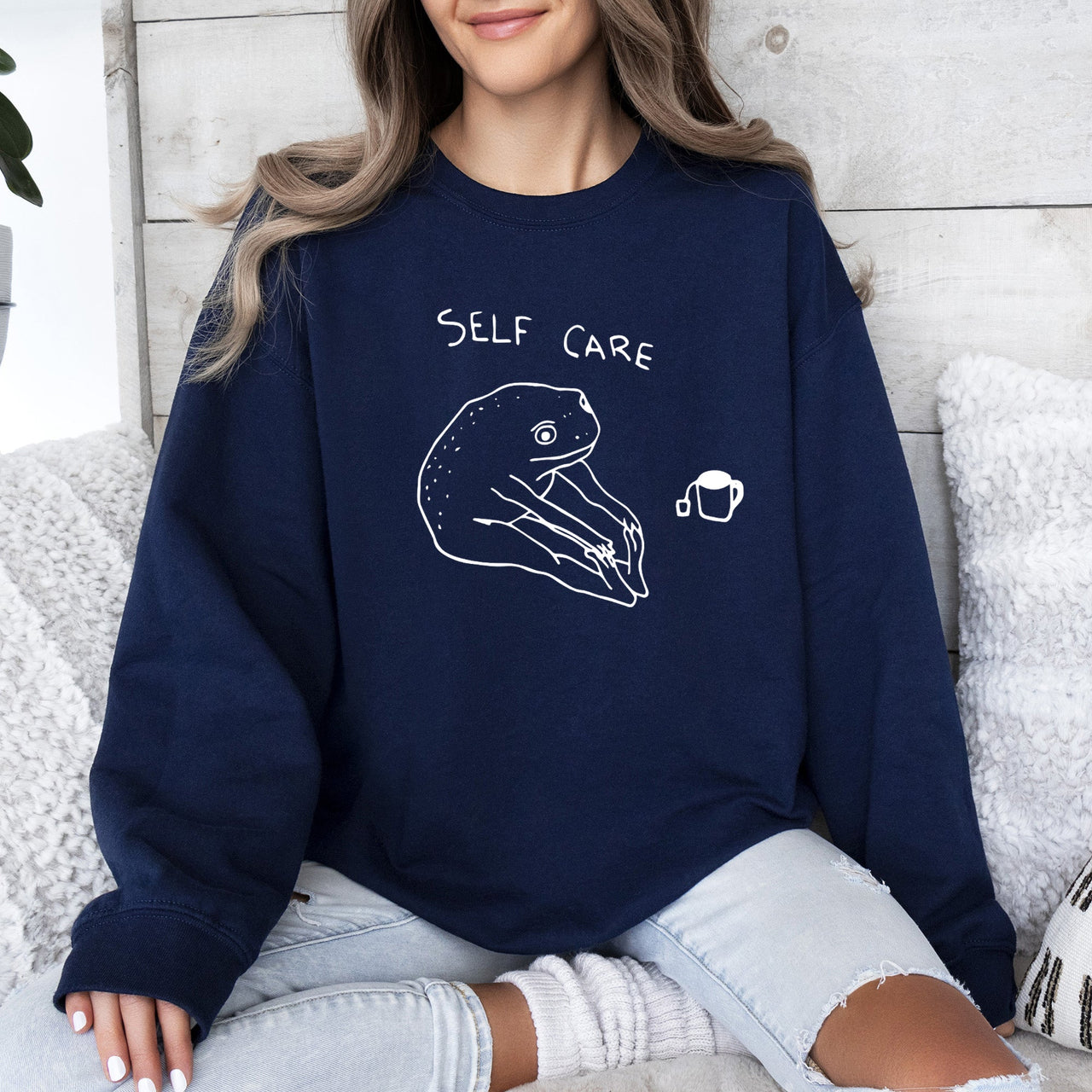 Self Care Frog Positivity Kindness Mental Health Mindful Living Motto Graphic Sweatshirt