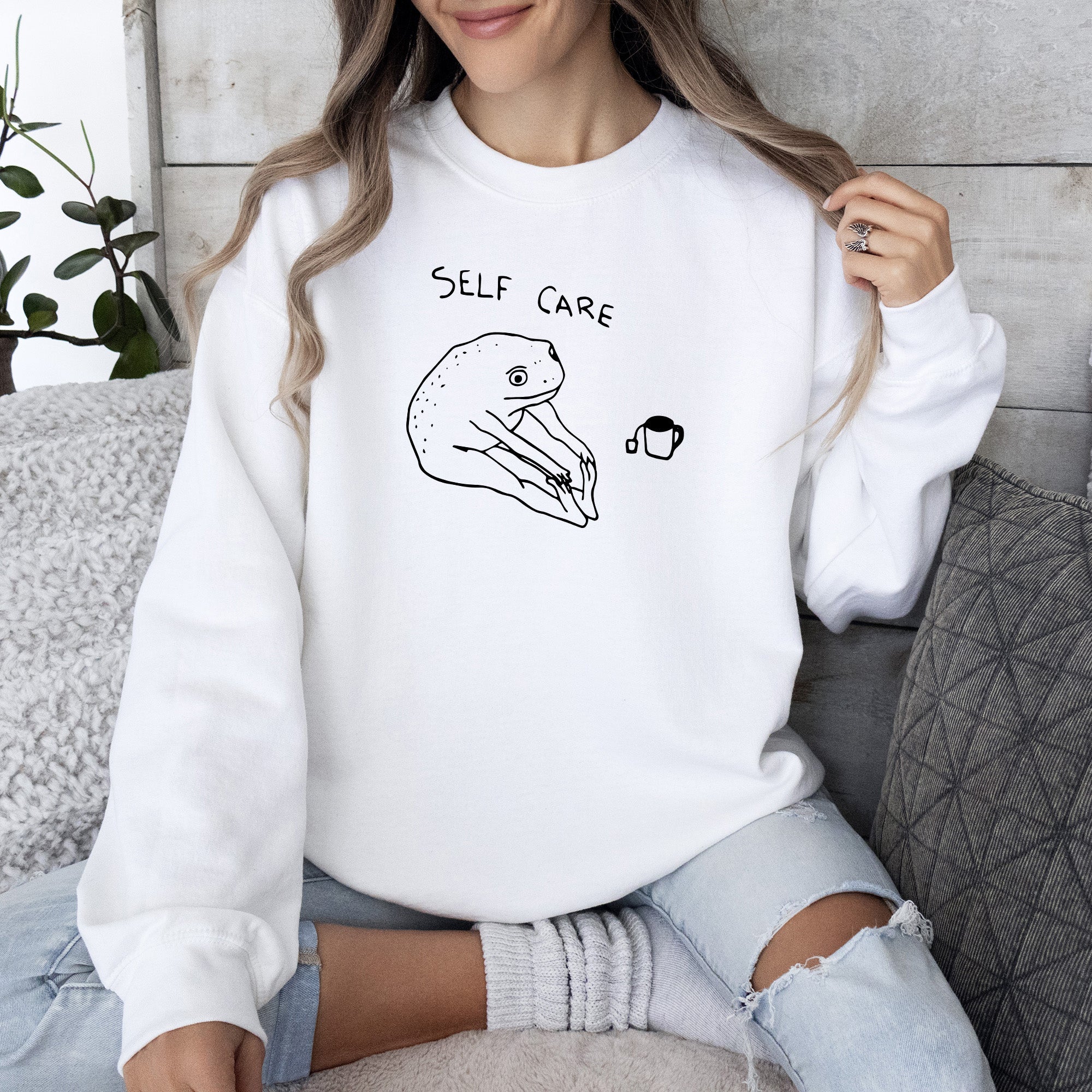 Self Care Frog Positivity Kindness Mental Health Mindful Living Motto Graphic Sweatshirt