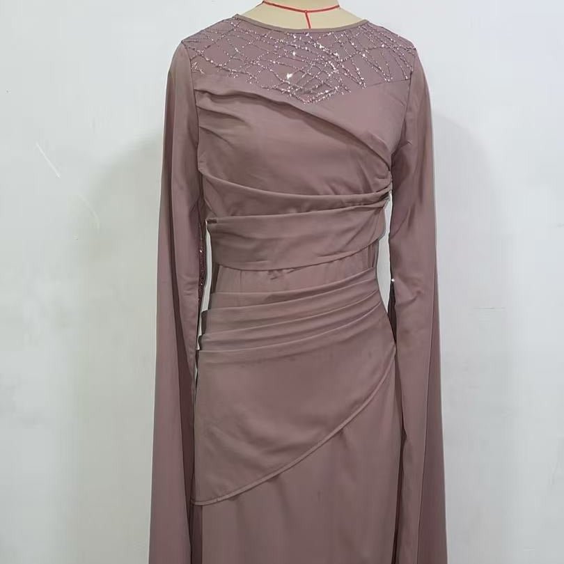 Sequin Embellished Formal Dress | Long Sleeve Ruched Bodycon Dress(MS272)