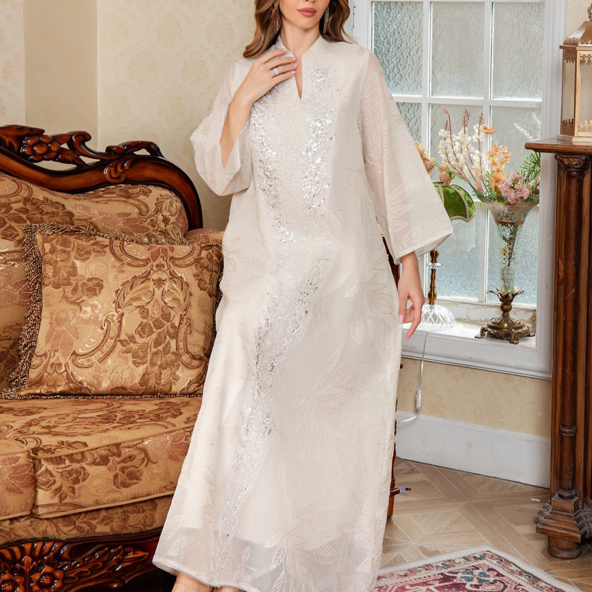 Sequin Embroidered Mesh Abaya (MA415)
