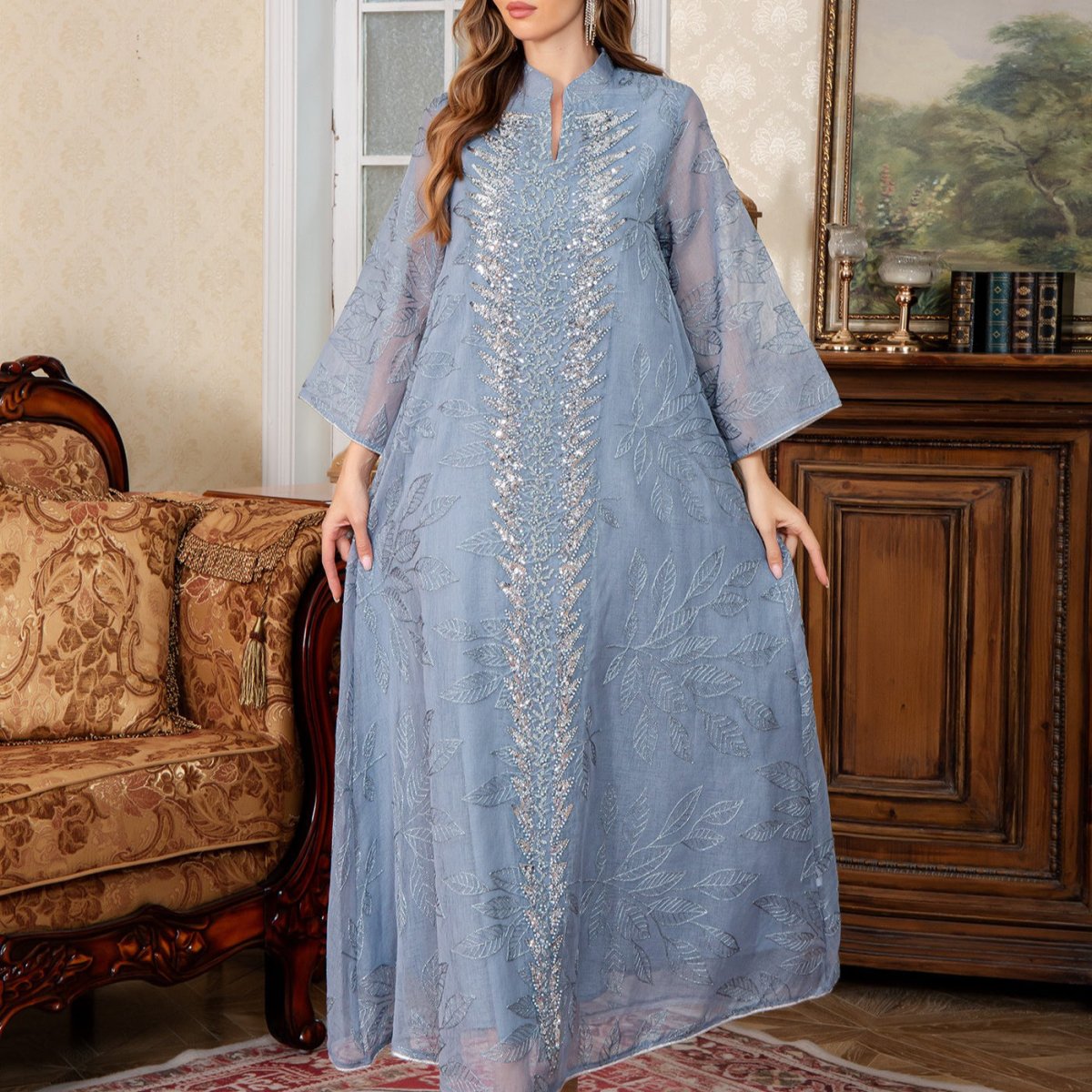 Sequin Embroidered Mesh Abaya (MA415)