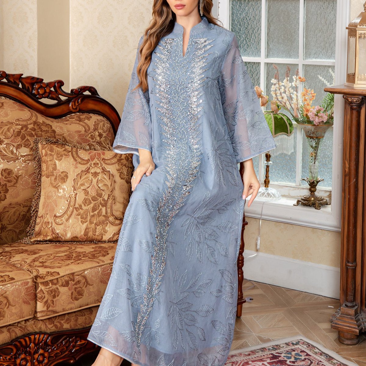 Sequin Embroidered Mesh Abaya (MA415)