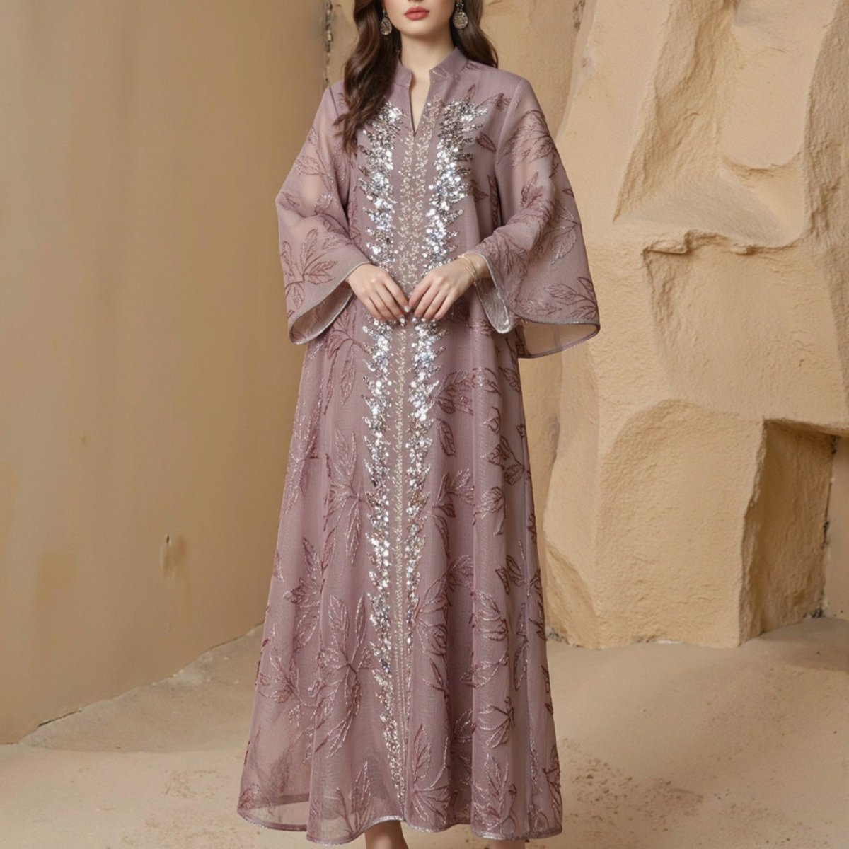 Sequin Embroidered Mesh Abaya (MA415)