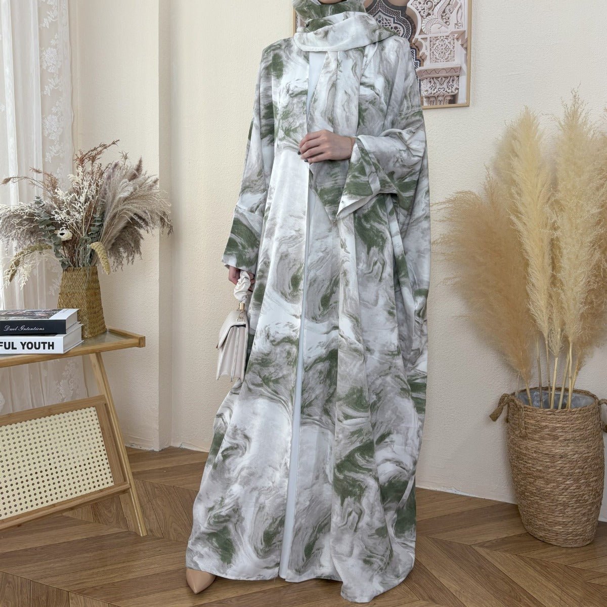 Serene Ink Wash Abaya Collection | Watercolor Print Cardigan with Matching Hijab (MOA178)