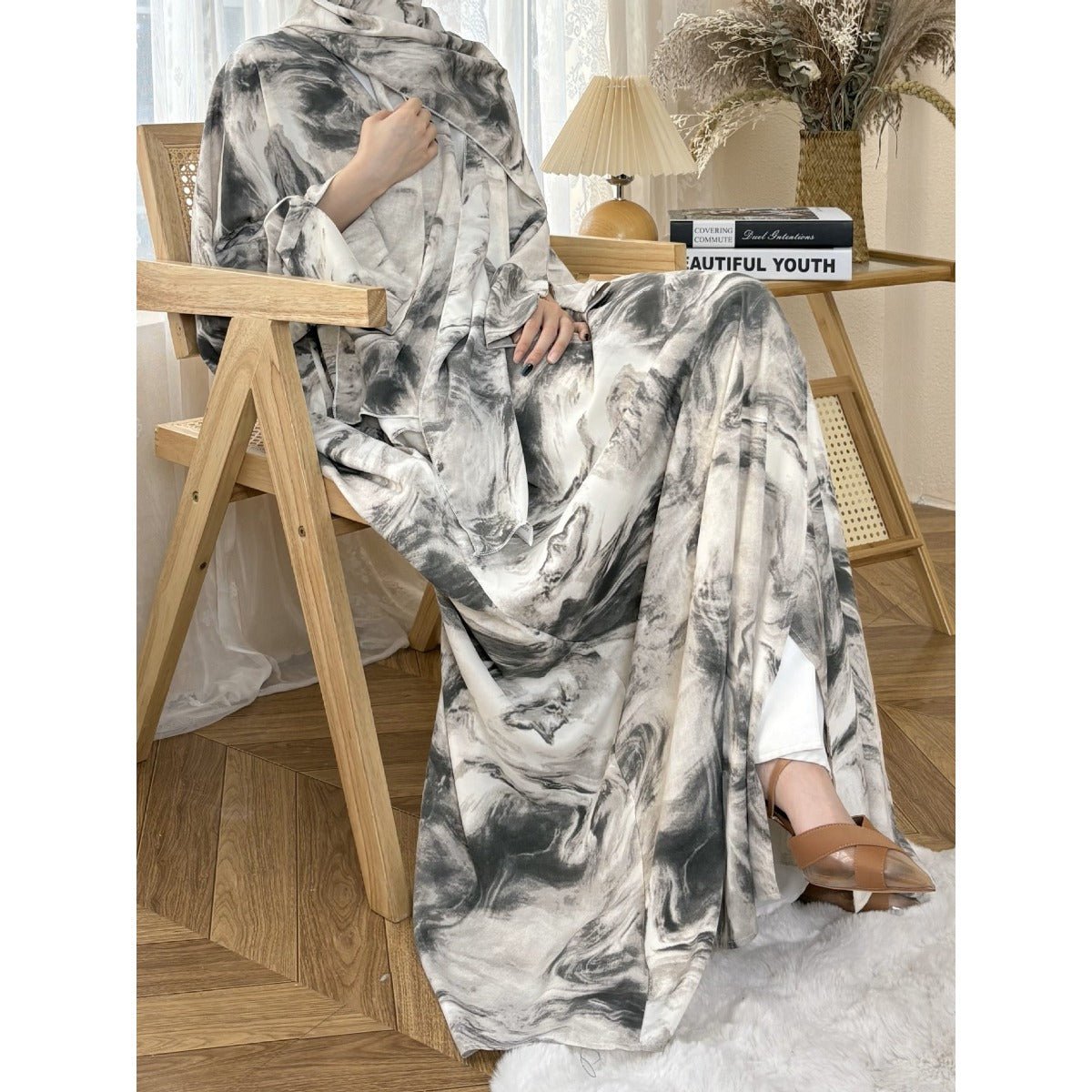 Serene Ink Wash Abaya Collection | Watercolor Print Cardigan with Matching Hijab (MOA178)