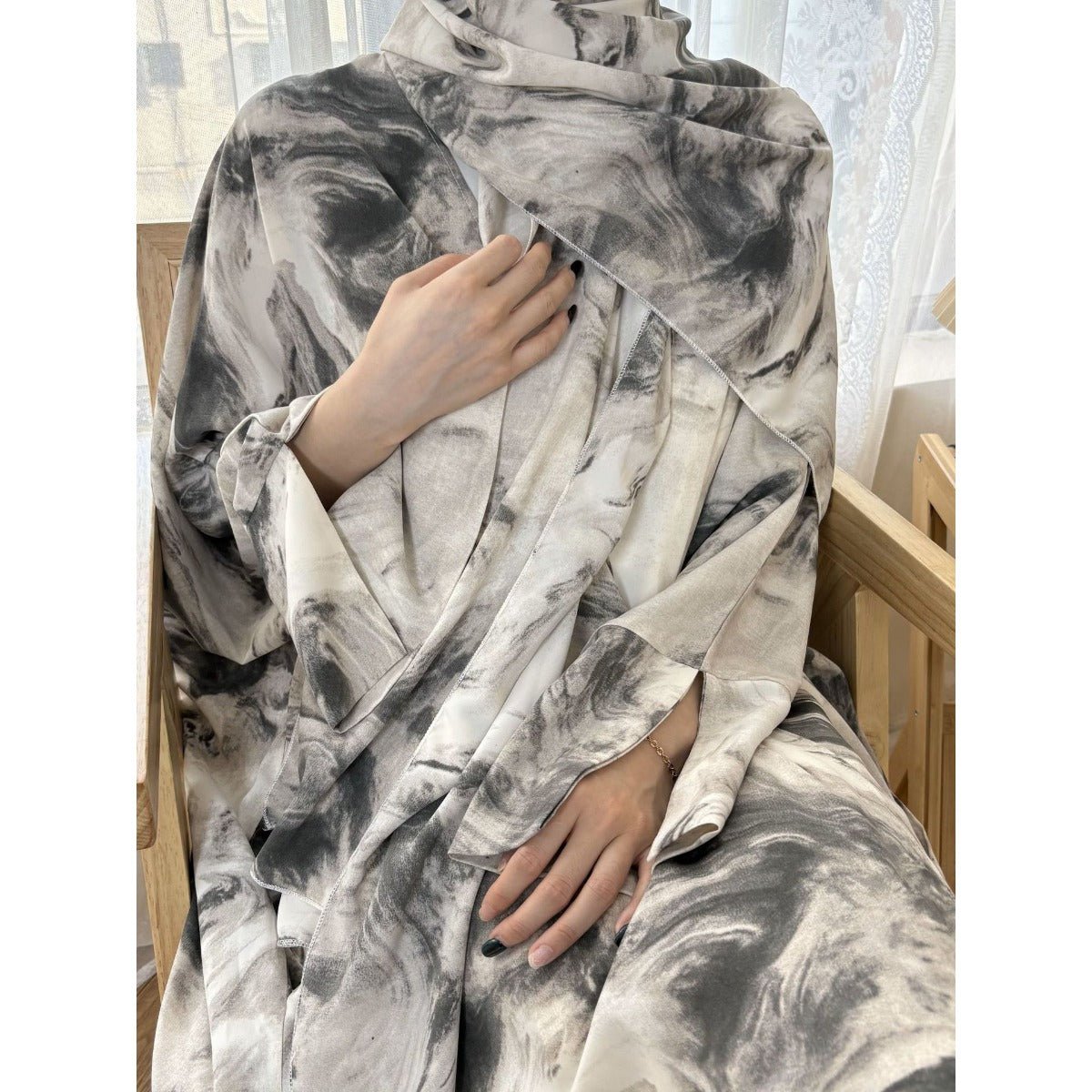 Serene Ink Wash Abaya Collection | Watercolor Print Cardigan with Matching Hijab (MOA178)