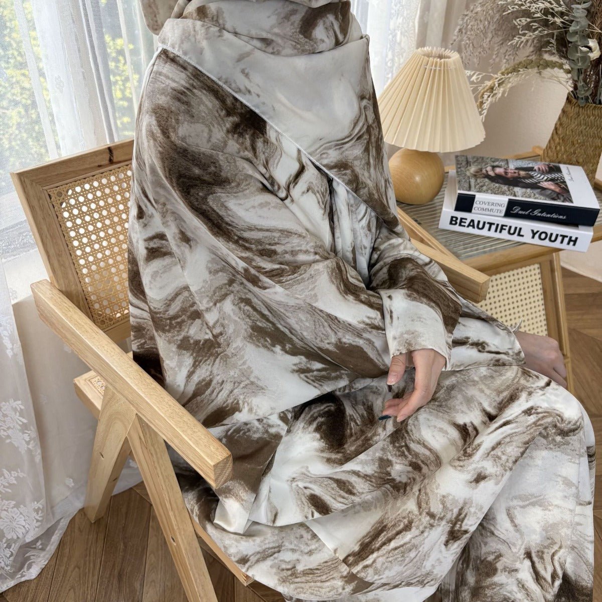 Serene Ink Wash Abaya Collection | Watercolor Print Cardigan with Matching Hijab (MOA178)