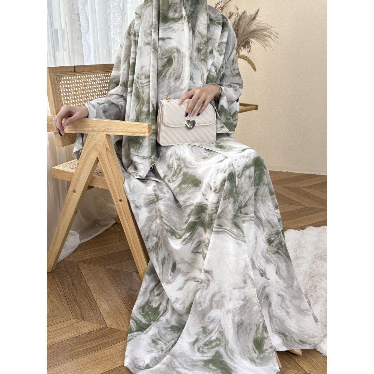 Serene Ink Wash Abaya Collection | Watercolor Print Cardigan with Matching Hijab (MOA178)