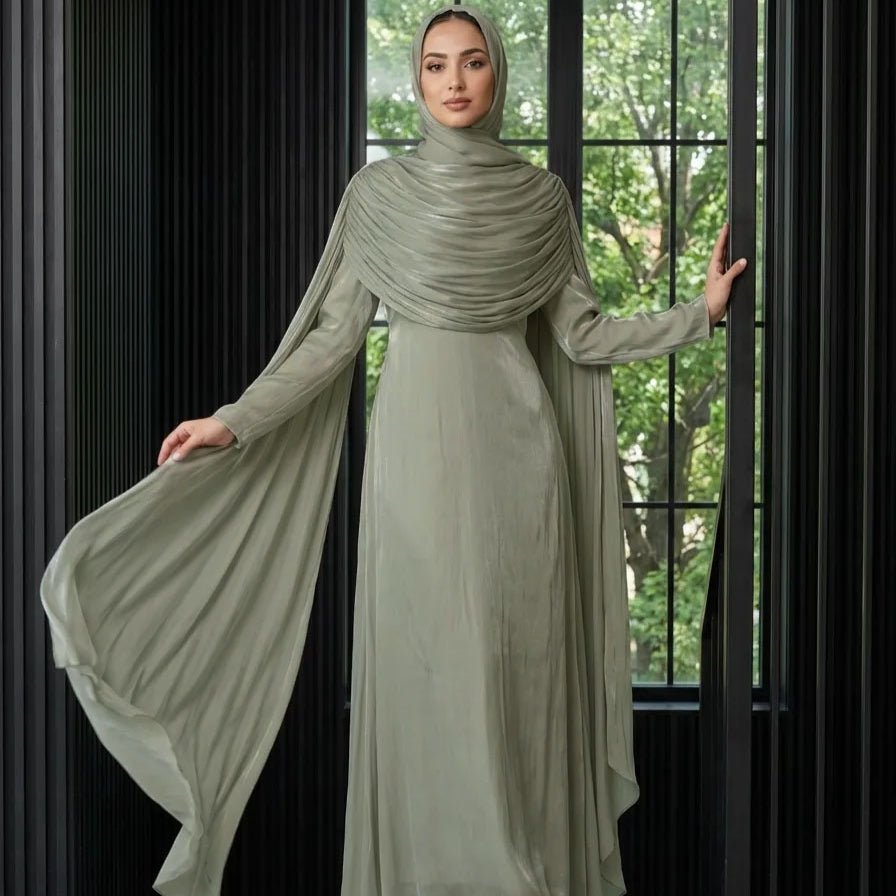 Shimmer Island Silk Cape Sleeve Abaya Dress with Matching Hijab(MA429)