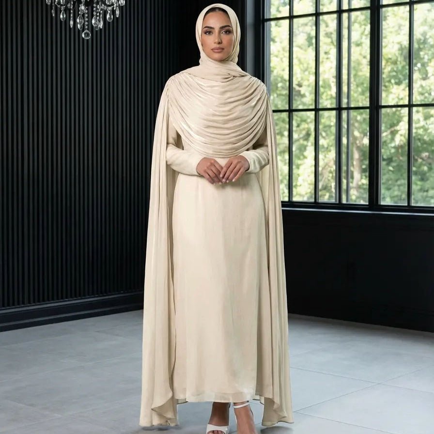 Shimmer Island Silk Cape Sleeve Abaya Dress with Matching Hijab(MA429)