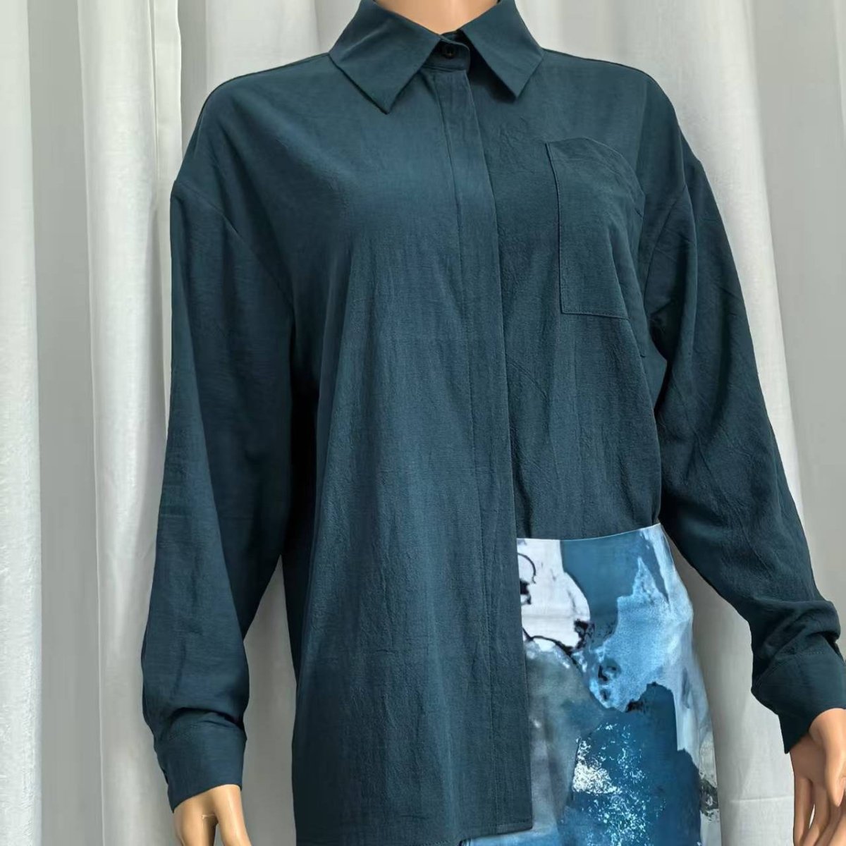 Shirt & Abstract Print Skirt Set | Collared Blouse Two-Piece Outfit(MS260)