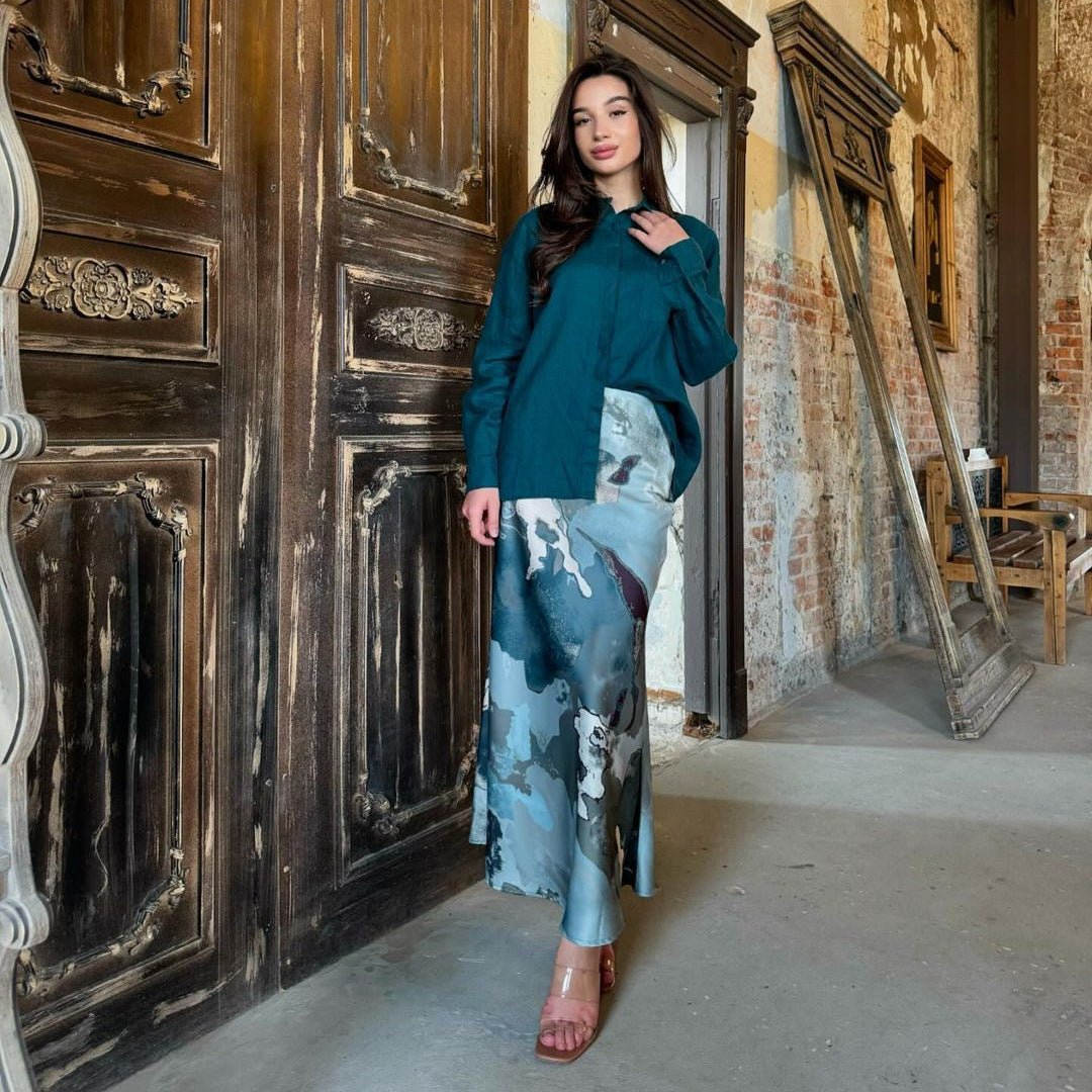 Shirt & Abstract Print Skirt Set | Collared Blouse Two-Piece Outfit(MS260)